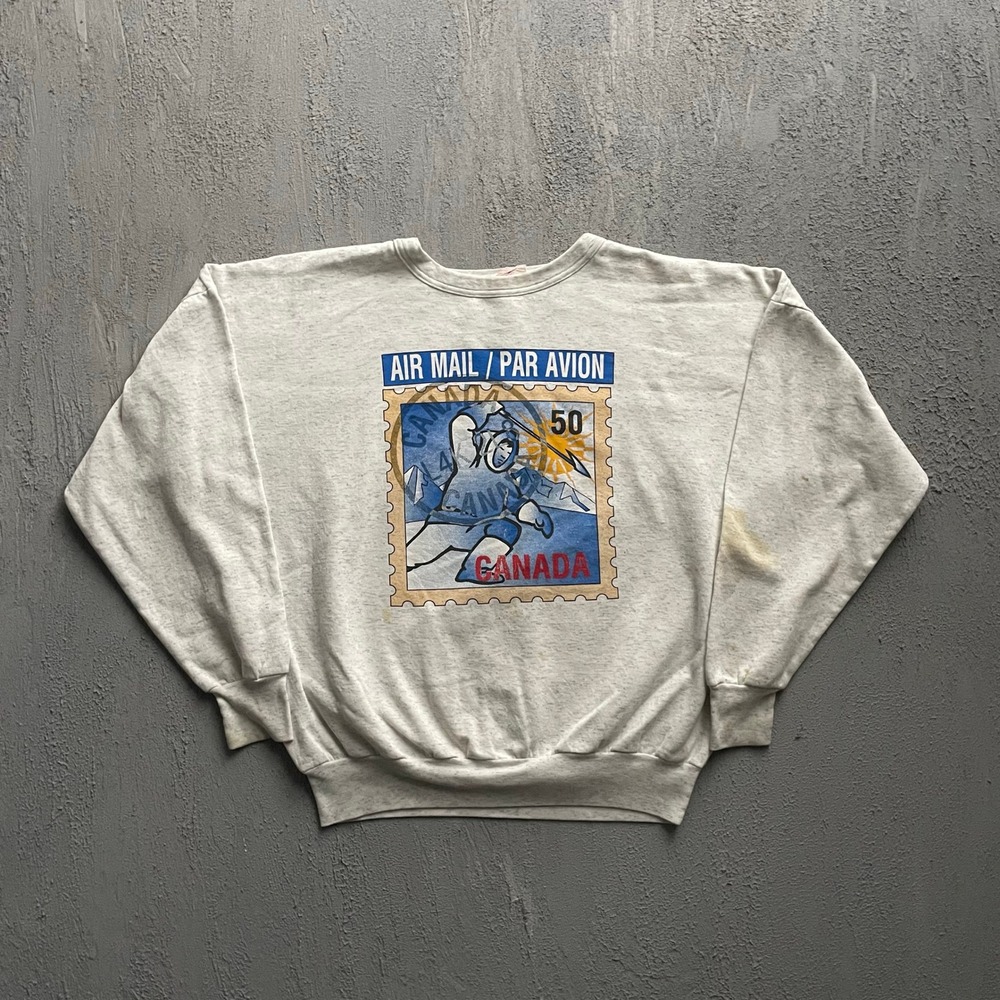 Vintage Air Mail Canada Stamp Sweatshirt Mens Large Grey 90s Impressions Canada